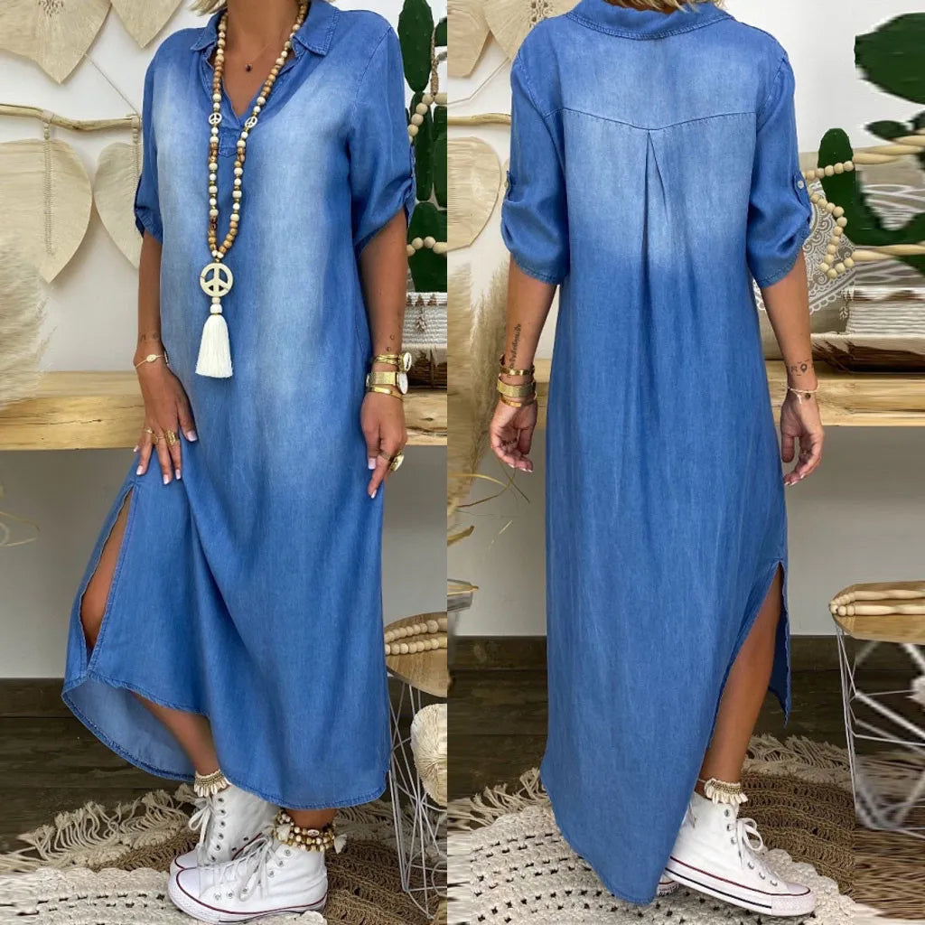 Daniela | Langes Kleid im Jeans-Look mit Seitenschlitz