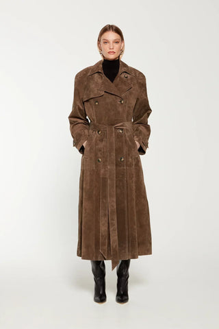 Eleganter langer Wildleder-Trenchcoat für Damen