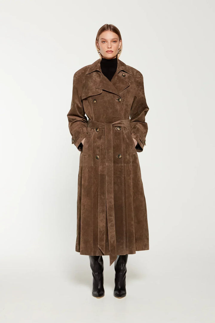 Eleganter langer Wildleder-Trenchcoat für Damen