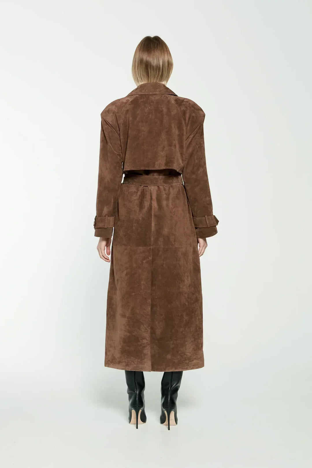 Eleganter langer Wildleder-Trenchcoat für Damen