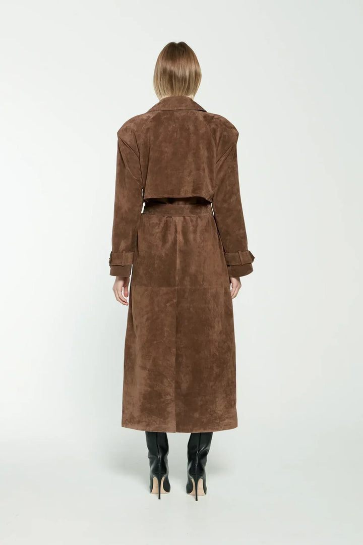 Eleganter langer Wildleder-Trenchcoat für Damen