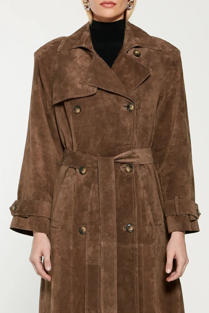 Eleganter langer Wildleder-Trenchcoat für Damen